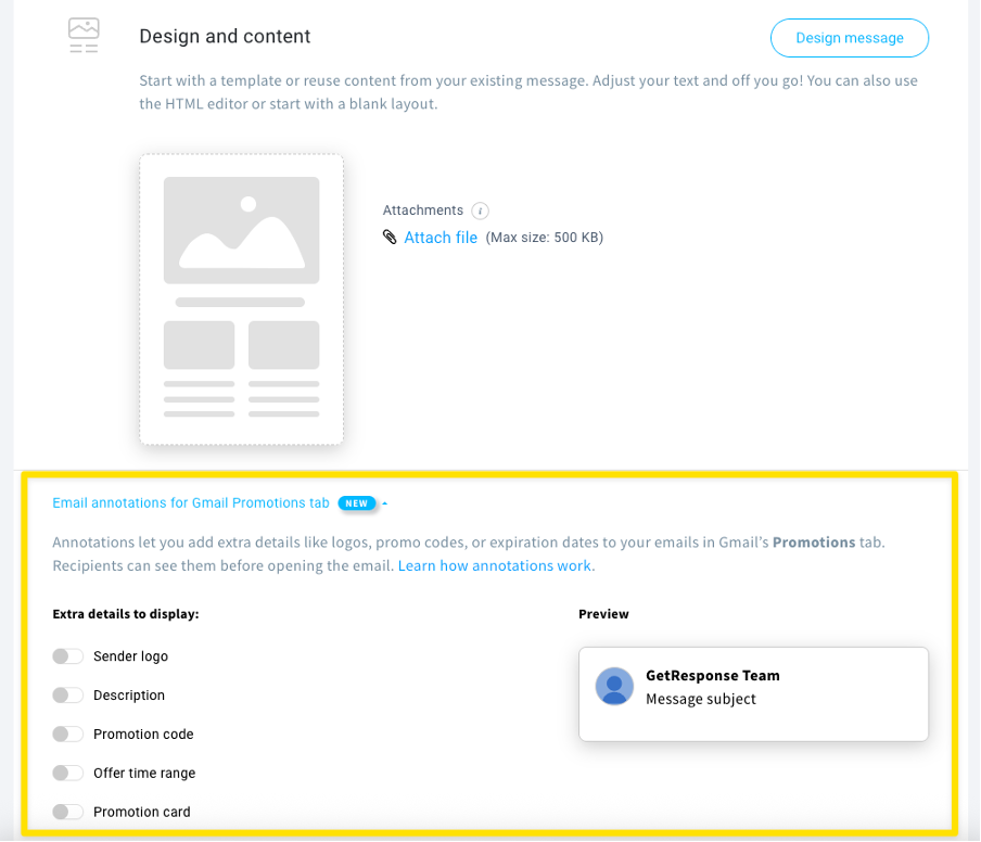 Email annotations section in the message settings - GetResponse